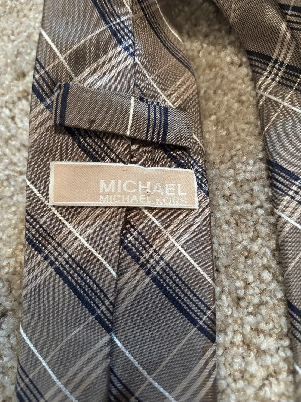 Michael Kors Brown Plaid Silk Tie with Navy and Cream Stripes